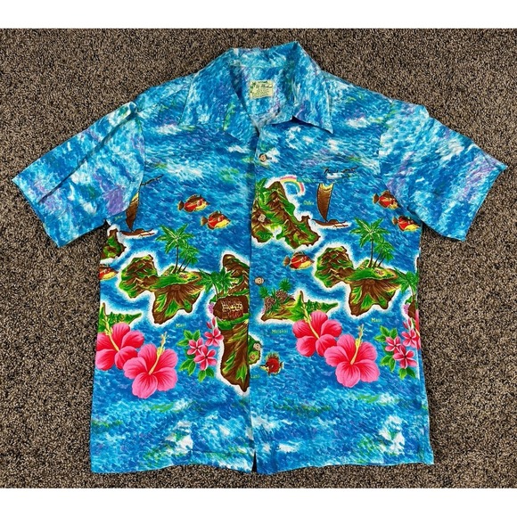 Vintage Ui Maikai Cotton Ocean Aloha Floral Hawaiian Tropical Shirt Men's Large
